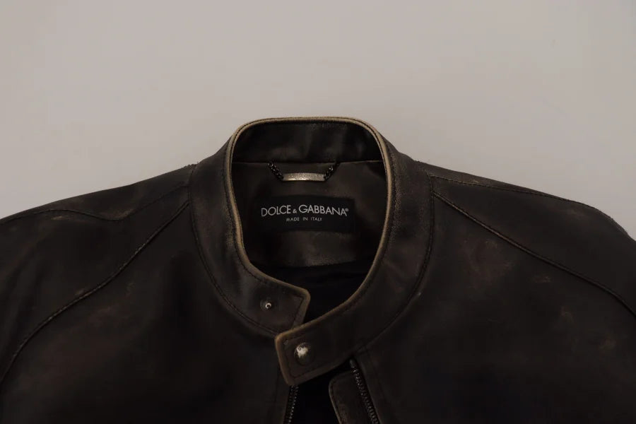 Dolce & Gabbana Black Leather Zipper Biker Coat Jacket