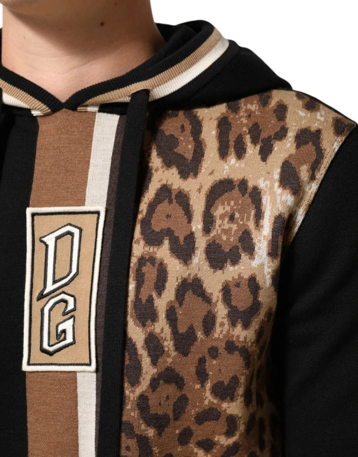 Dolce &amp; Gabbana Black Leopard Logo Hooded Sweatshirt Sweater