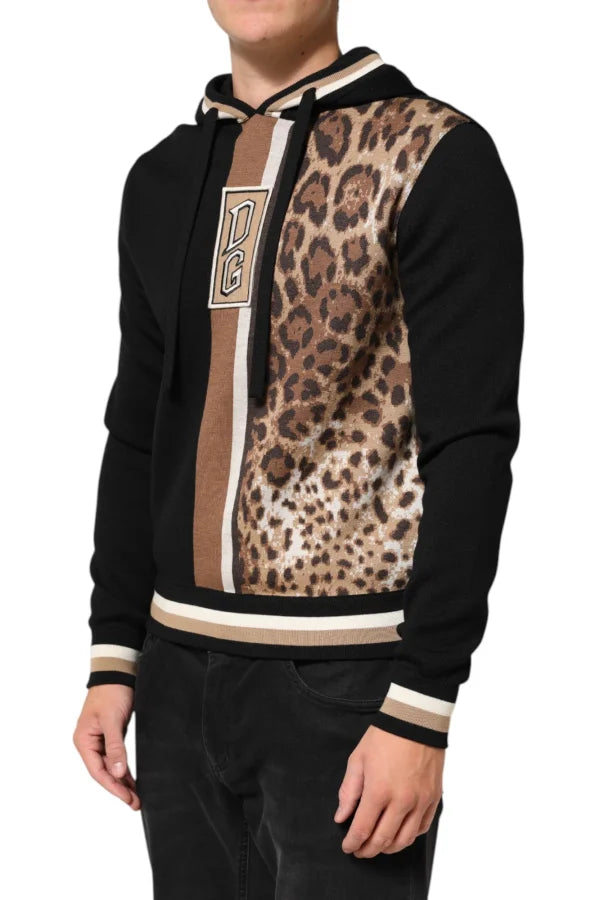 Dolce &amp; Gabbana Black Leopard Logo Hooded Sweatshirt Sweater