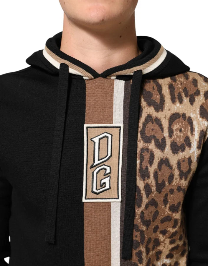 Dolce &amp; Gabbana Black Leopard Logo Hooded Sweatshirt Sweater