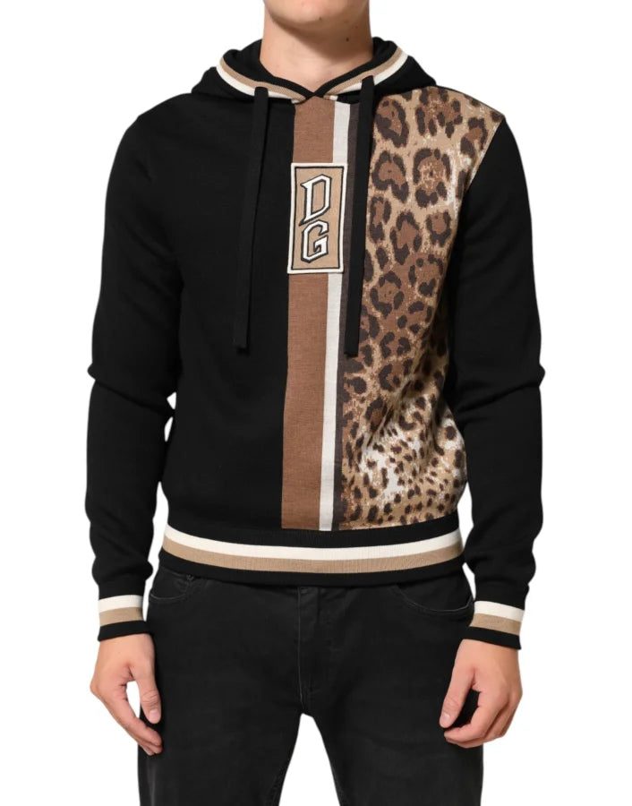 Dolce &amp; Gabbana Black Leopard Logo Hooded Sweatshirt Sweater