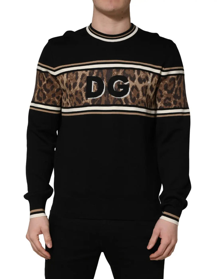 Dolce &amp; Gabbana Black Leopard Wool Crew Neck Men Pullover Sweater