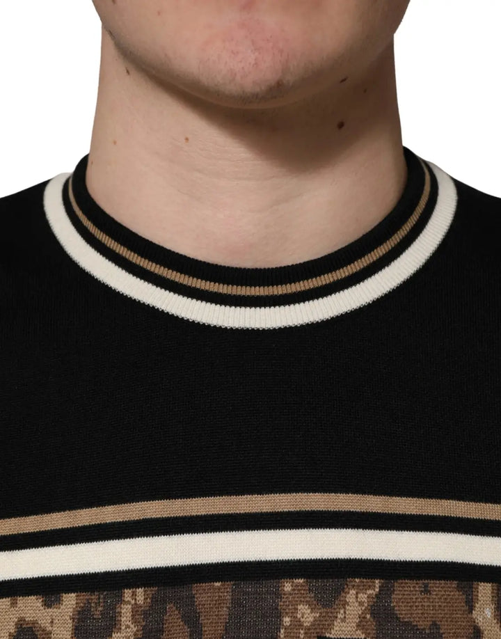 Dolce &amp; Gabbana Black Leopard Wool Crew Neck Men Pullover Sweater