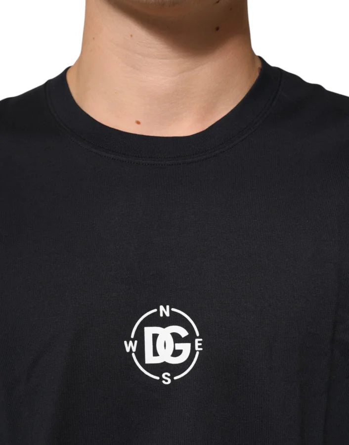 Dolce &amp; Gabbana Black Logo Compass Cotton Crew Neck T-shirt