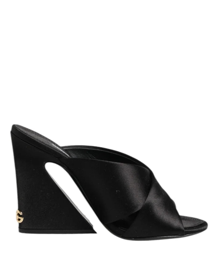Dolce &amp; Gabbana Black Logo KEIRA Satin Slides Sandals Shoes