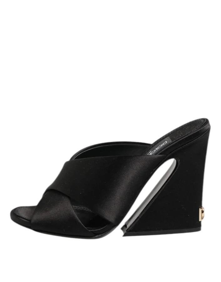 Dolce &amp; Gabbana Black Logo KEIRA Satin Slides Sandals Shoes