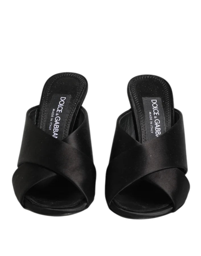 Dolce &amp; Gabbana Black Logo KEIRA Satin Slides Sandals Shoes