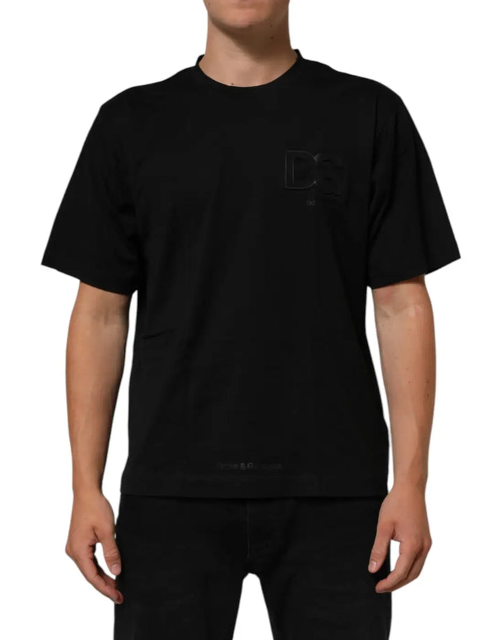 Dolce &amp; Gabbana Black Logo Patch Cotton Men Crew Neck T-shirt