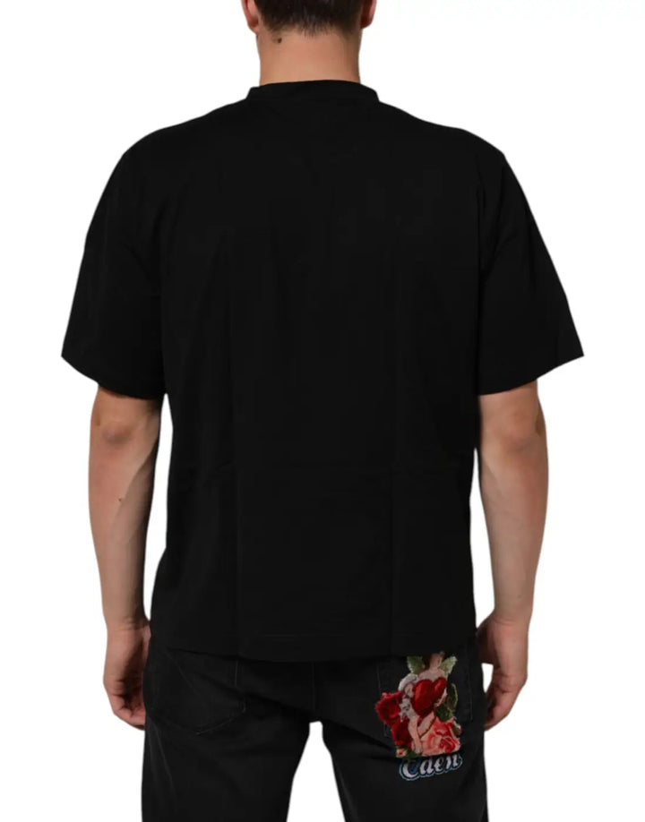 Dolce &amp; Gabbana Black Logo Patch Cotton Men Crew Neck T-shirt