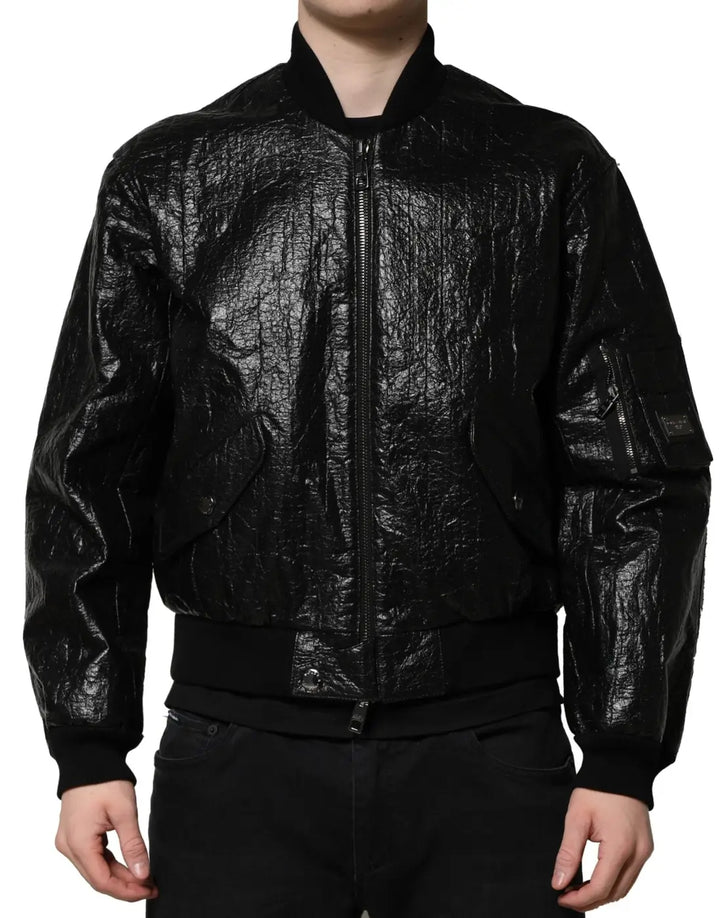 Dolce &amp; Gabbana Black Logo Plaque Bomber Full Zipper Jacket