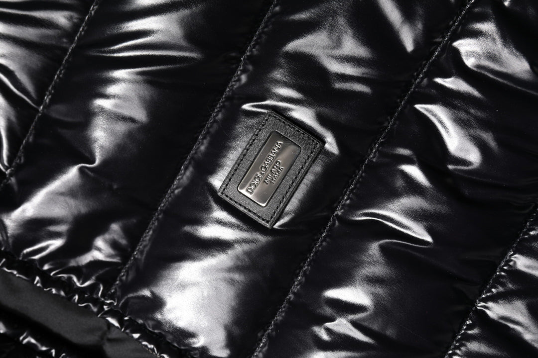 Dolce &amp; Gabbana Puffer Jackets - Black Logo Plaque Full Zip Jacket