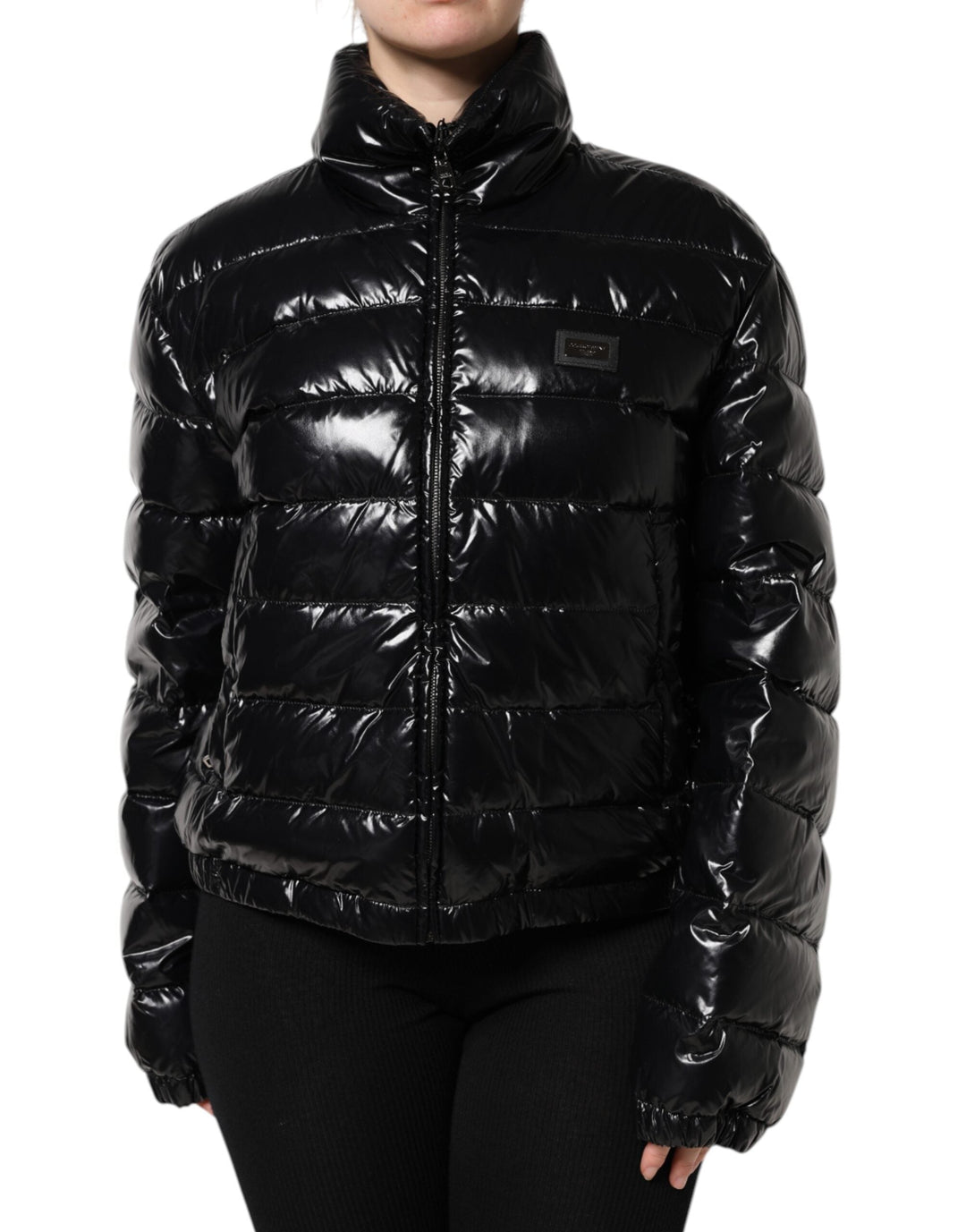 Dolce &amp; Gabbana Puffer Jackets - Black Logo Plaque Full Zip Jacket