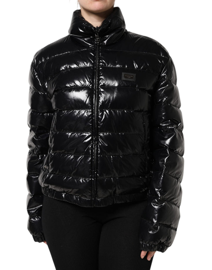 Dolce &amp; Gabbana Puffer Jackets - Black Logo Plaque Full Zip Jacket