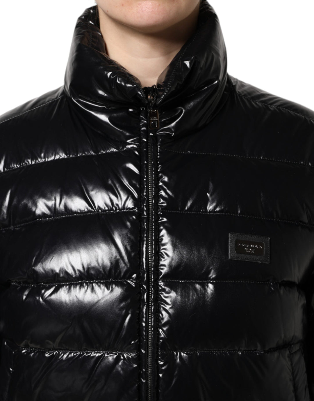 Dolce &amp; Gabbana Puffer Jackets - Black Logo Plaque Full Zip Jacket