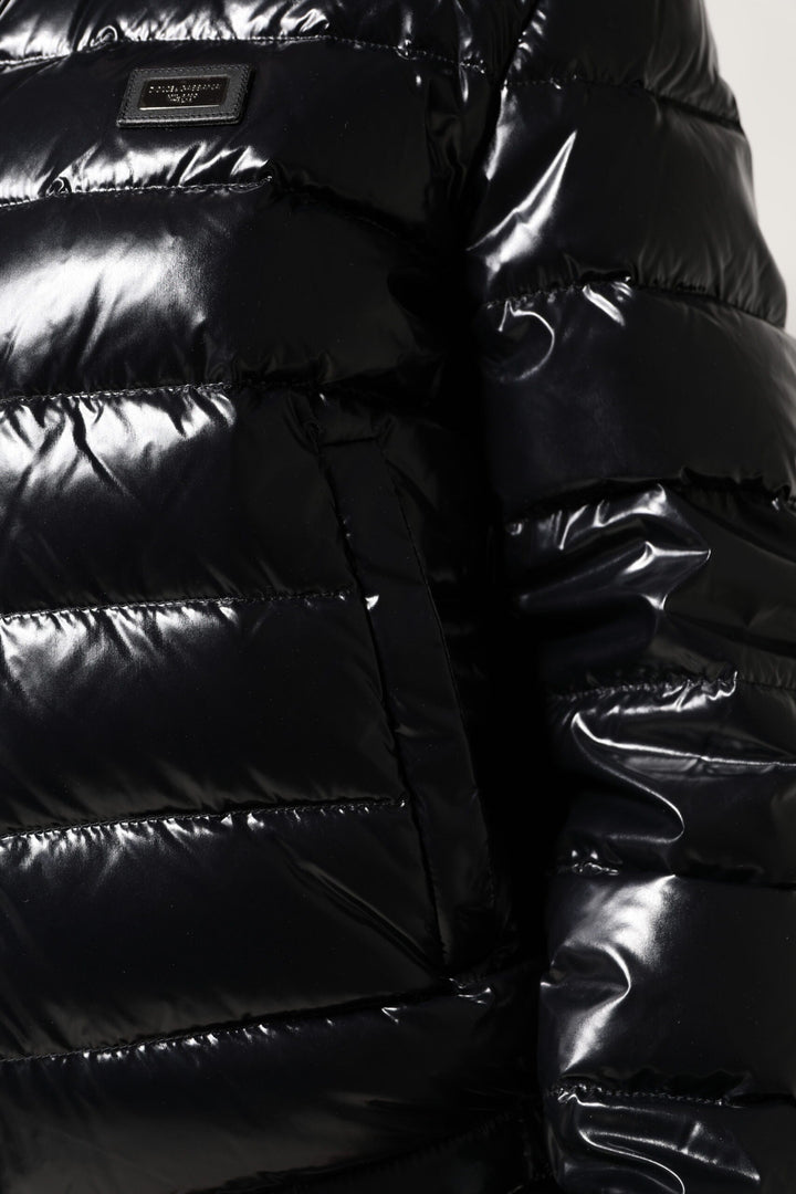 Dolce &amp; Gabbana Puffer Jackets - Black Logo Plaque Full Zip Jacket