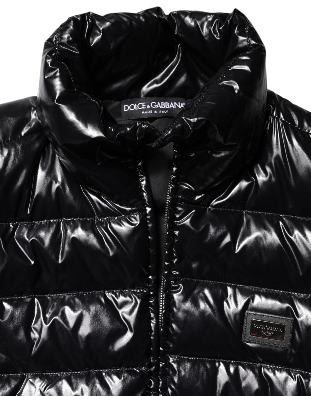 Dolce &amp; Gabbana Puffer Jackets - Black Logo Plaque Full Zip Jacket