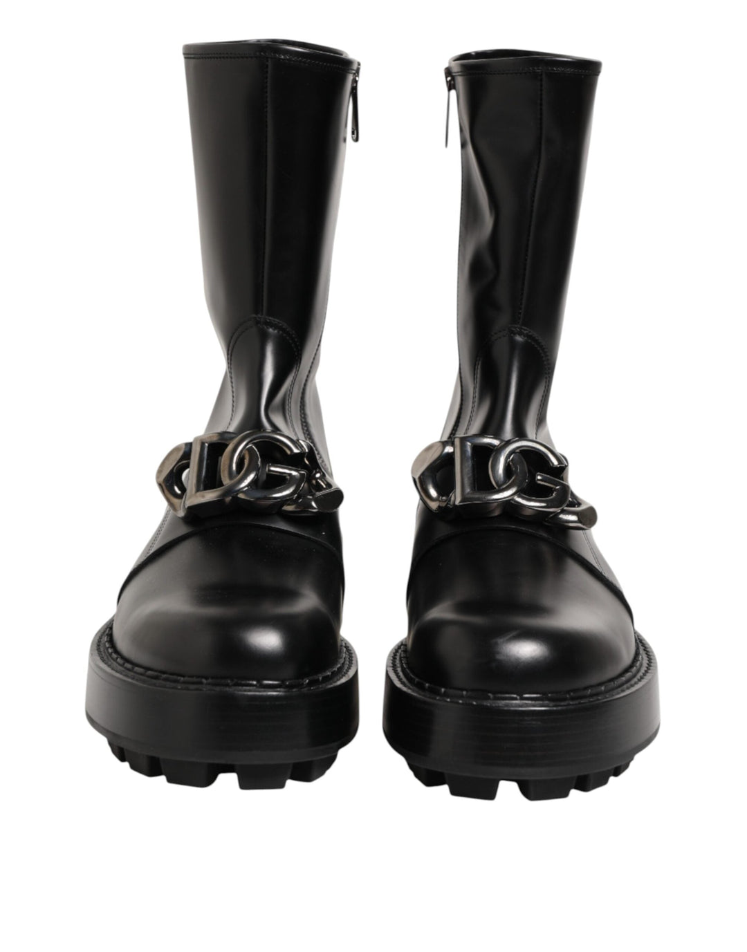 Dolce &amp; Gabbana Black Logo Plaque Mid Calf Biker Boots Shoes