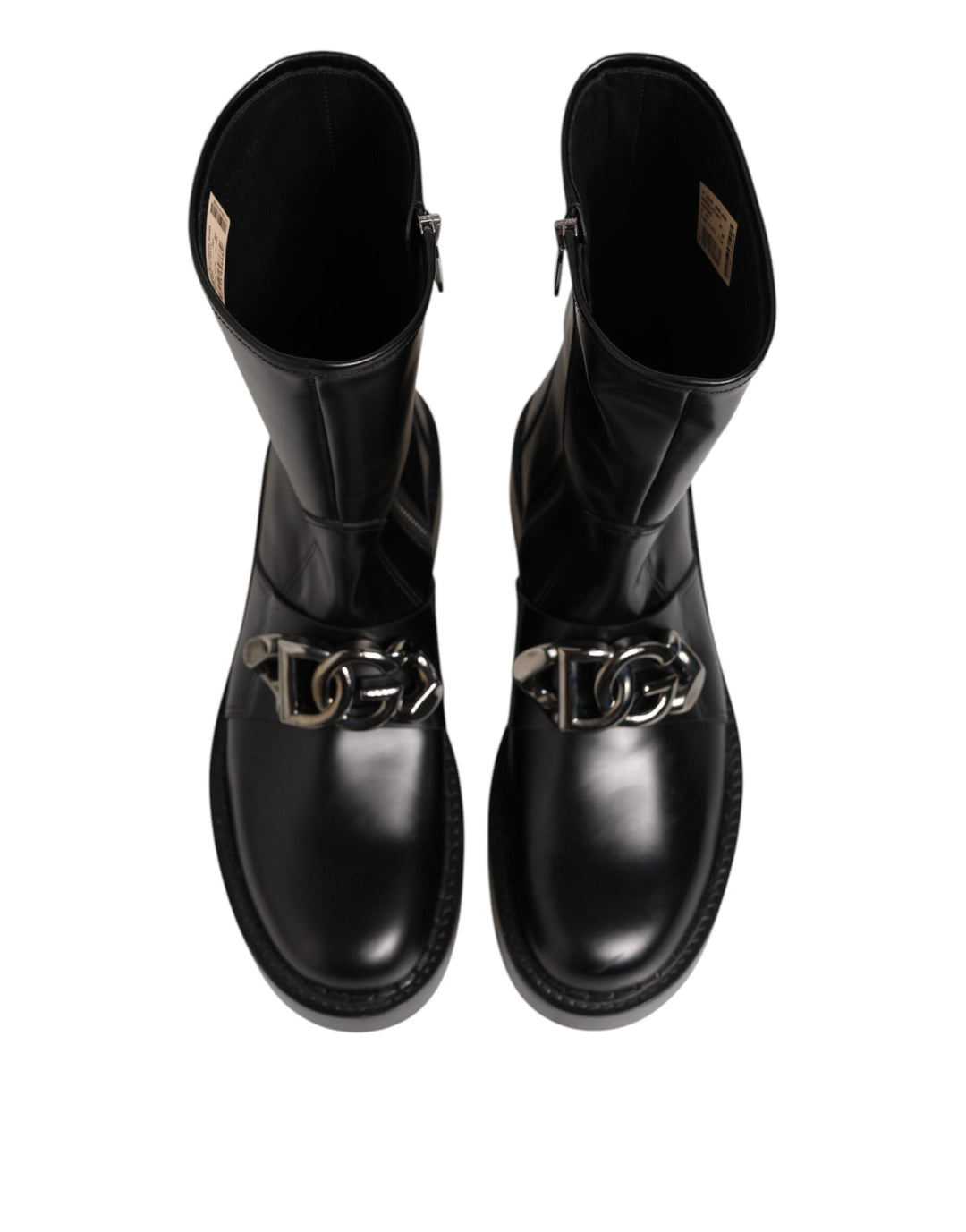 Dolce &amp; Gabbana Black Logo Plaque Mid Calf Biker Boots Shoes