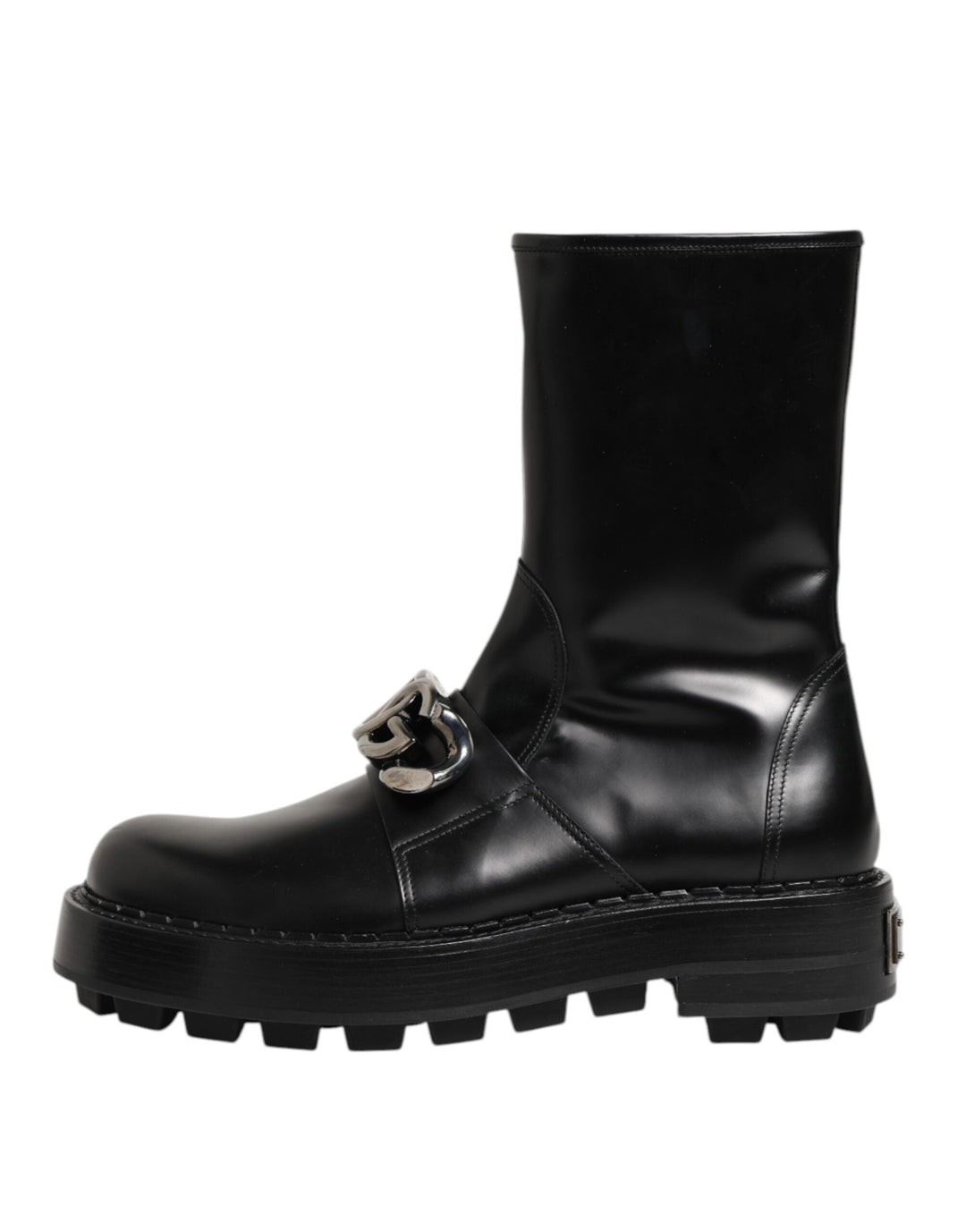 Dolce &amp; Gabbana Black Logo Plaque Mid Calf Biker Boots Shoes