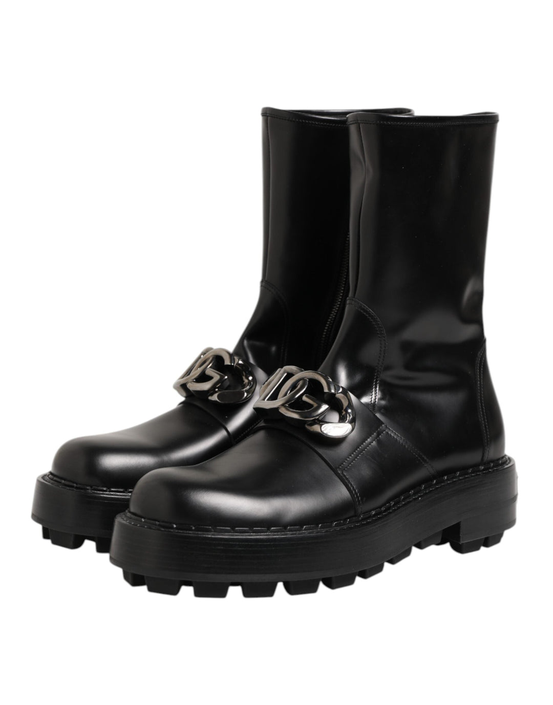 Dolce &amp; Gabbana Black Logo Plaque Mid Calf Biker Boots Shoes