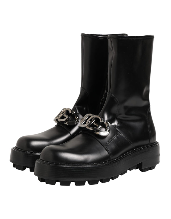 Dolce &amp; Gabbana Black Logo Plaque Mid Calf Biker Boots Shoes