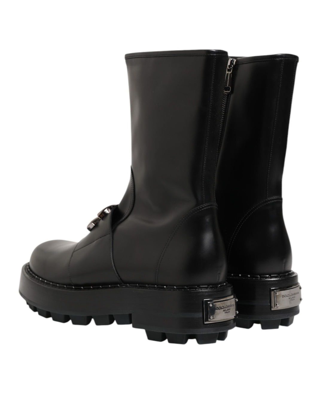 Dolce &amp; Gabbana Black Logo Plaque Mid Calf Biker Boots Shoes
