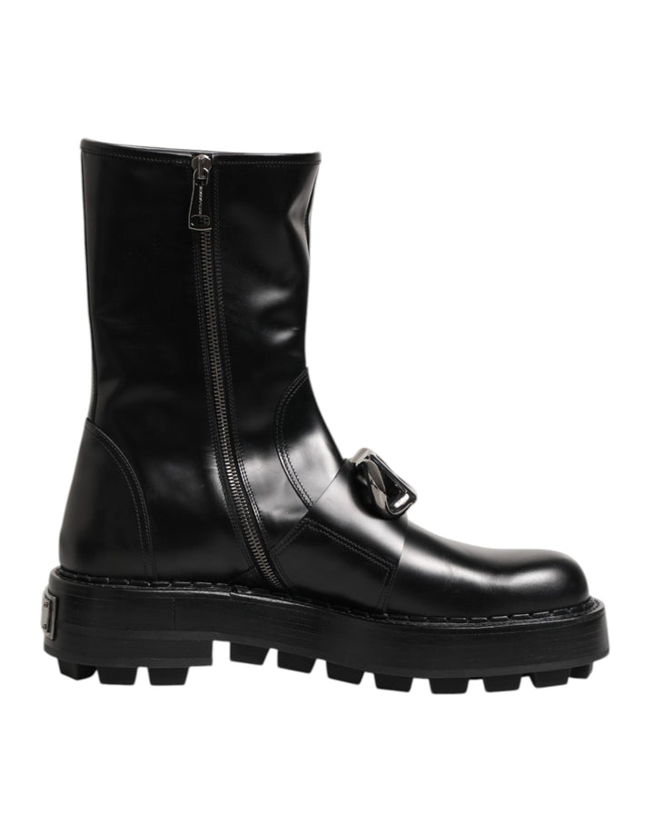 Dolce &amp; Gabbana Black Logo Plaque Mid Calf Biker Boots Shoes