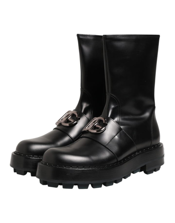 Dolce &amp; Gabbana Black Logo Plaque Mid Calf Biker Boots Shoes