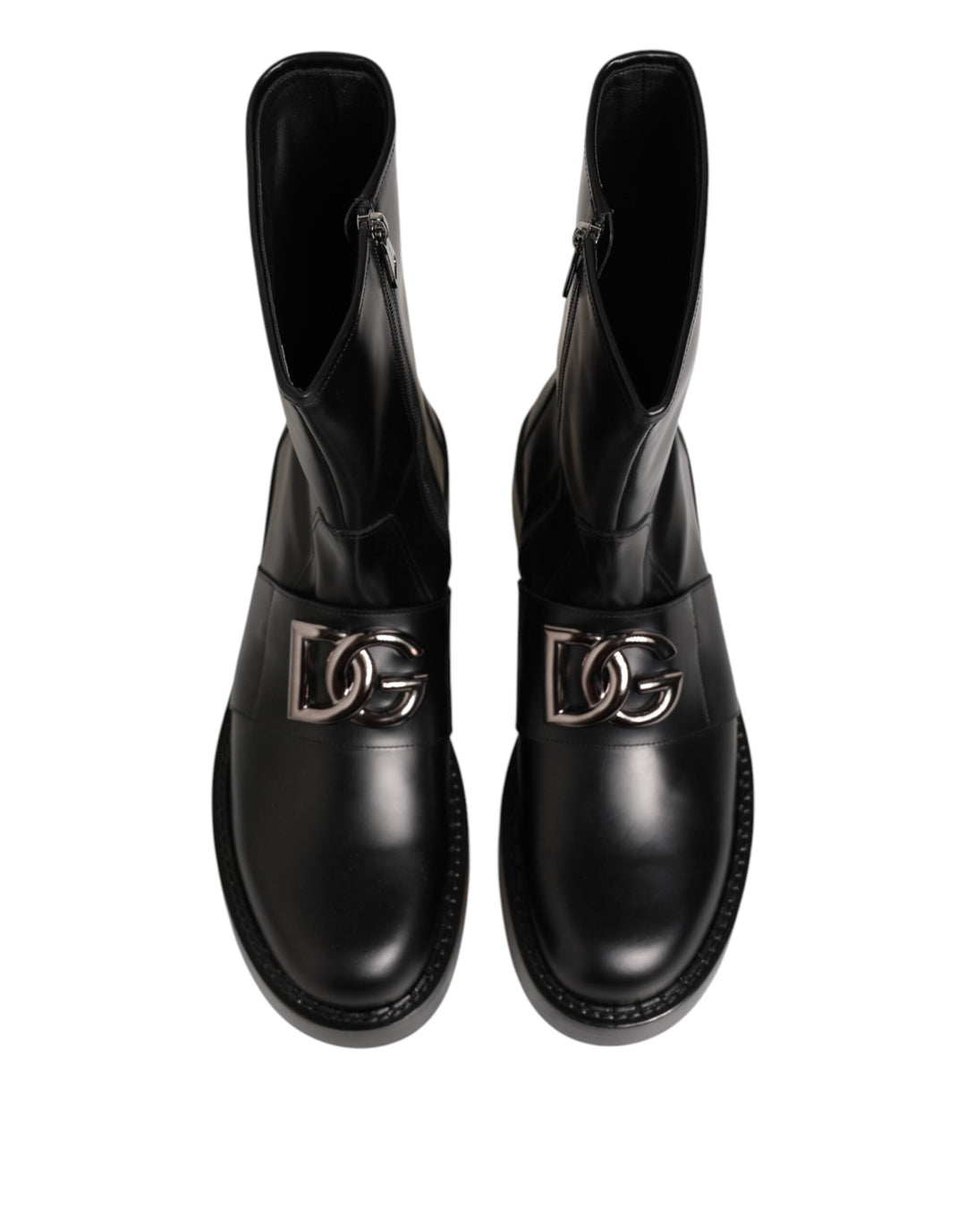 Dolce &amp; Gabbana Black Logo Plaque Mid Calf Biker Boots Shoes