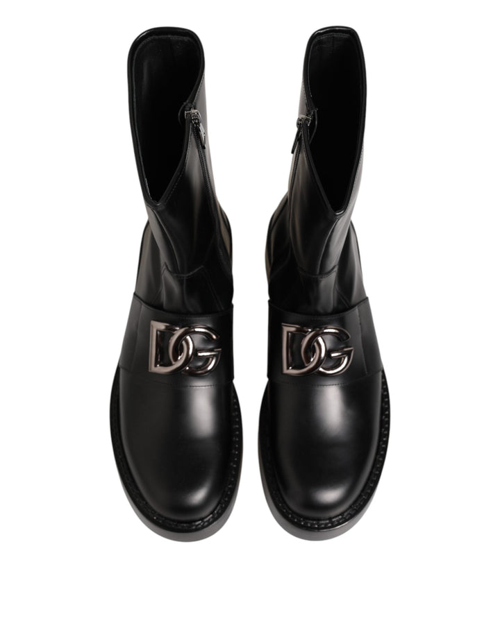 Dolce &amp; Gabbana Black Logo Plaque Mid Calf Biker Boots Shoes