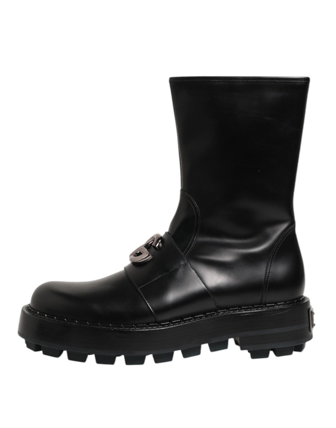 Dolce &amp; Gabbana Black Logo Plaque Mid Calf Biker Boots Shoes