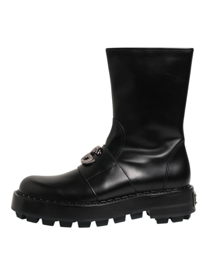 Dolce &amp; Gabbana Black Logo Plaque Mid Calf Biker Boots Shoes
