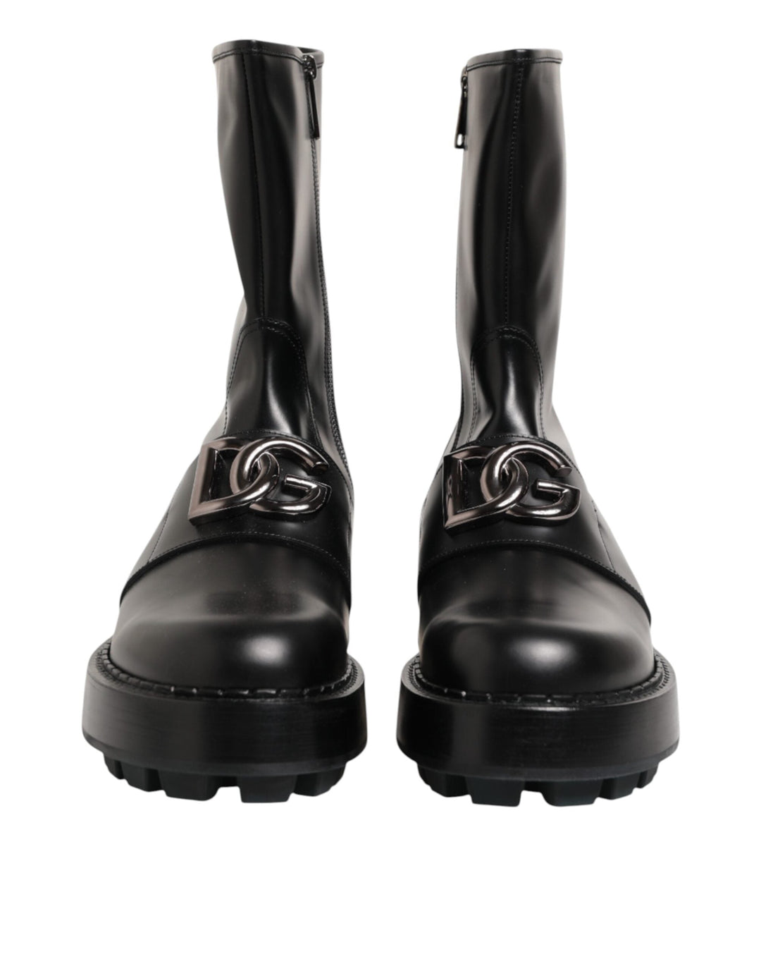 Dolce &amp; Gabbana Black Logo Plaque Mid Calf Biker Boots Shoes