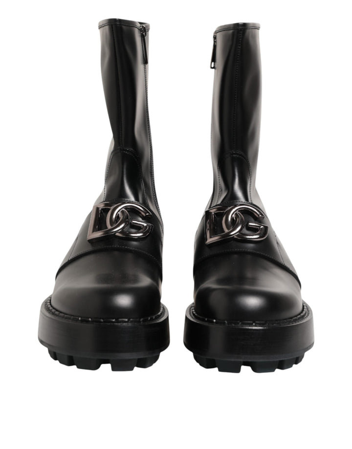 Dolce &amp; Gabbana Black Logo Plaque Mid Calf Biker Boots Shoes