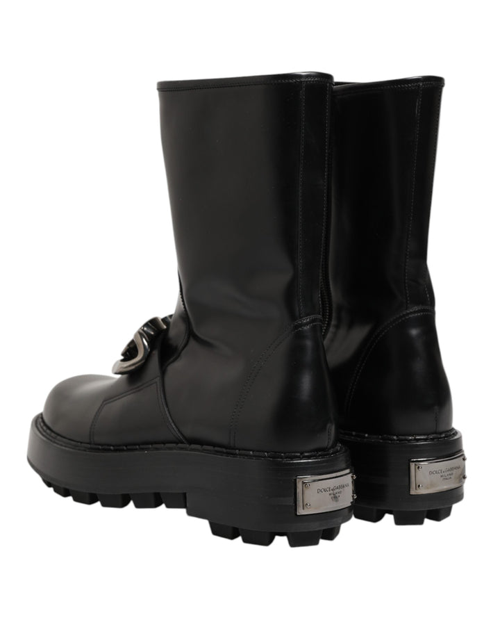 Dolce &amp; Gabbana Black Logo Plaque Mid Calf Biker Boots Shoes