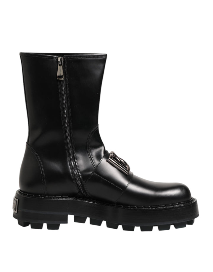 Dolce &amp; Gabbana Black Logo Plaque Mid Calf Biker Boots Shoes