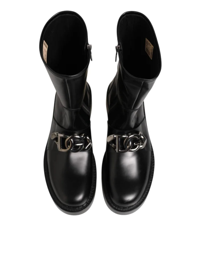 Dolce &amp; Gabbana Black Logo Plaque Mid Calf Biker Boots Shoes