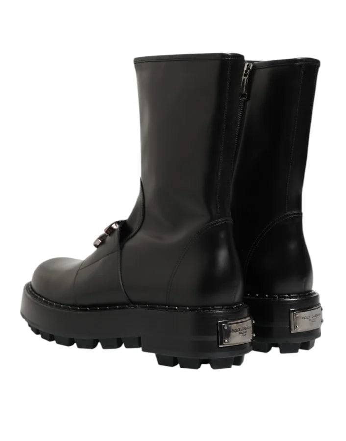 Dolce &amp; Gabbana Black Logo Plaque Mid Calf Biker Boots Shoes