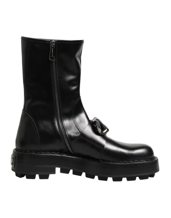 Dolce &amp; Gabbana Black Logo Plaque Mid Calf Biker Boots Shoes