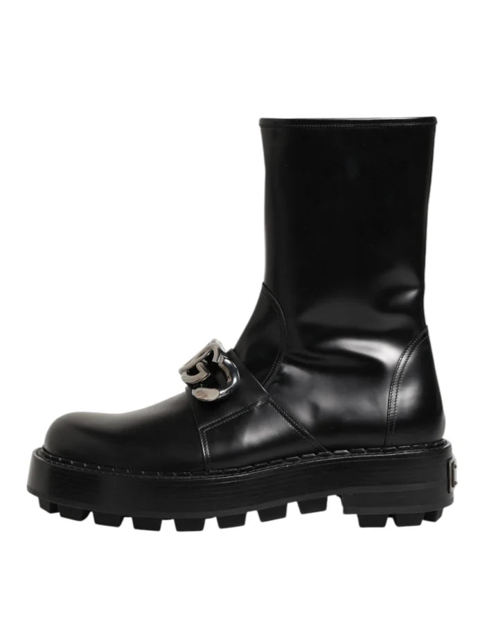 Dolce &amp; Gabbana Black Logo Plaque Mid Calf Biker Boots Shoes
