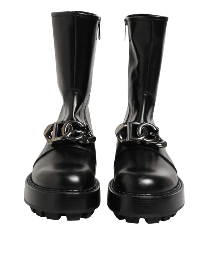 Dolce &amp; Gabbana Black Logo Plaque Mid Calf Biker Boots Shoes