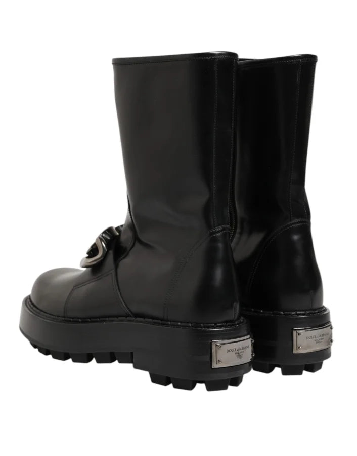 Dolce &amp; Gabbana Black Logo Plaque Mid Calf Biker Boots Shoes