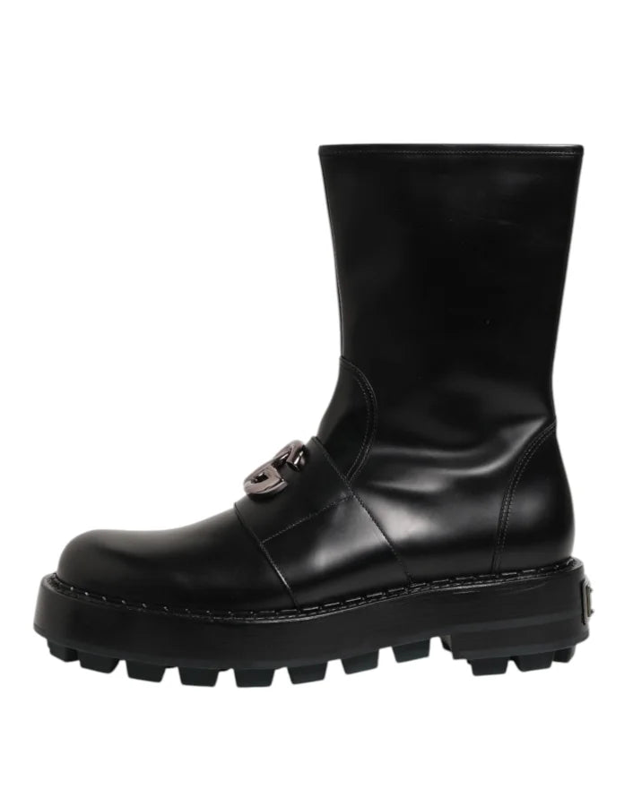 Dolce &amp; Gabbana Black Logo Plaque Mid Calf Biker Boots Shoes
