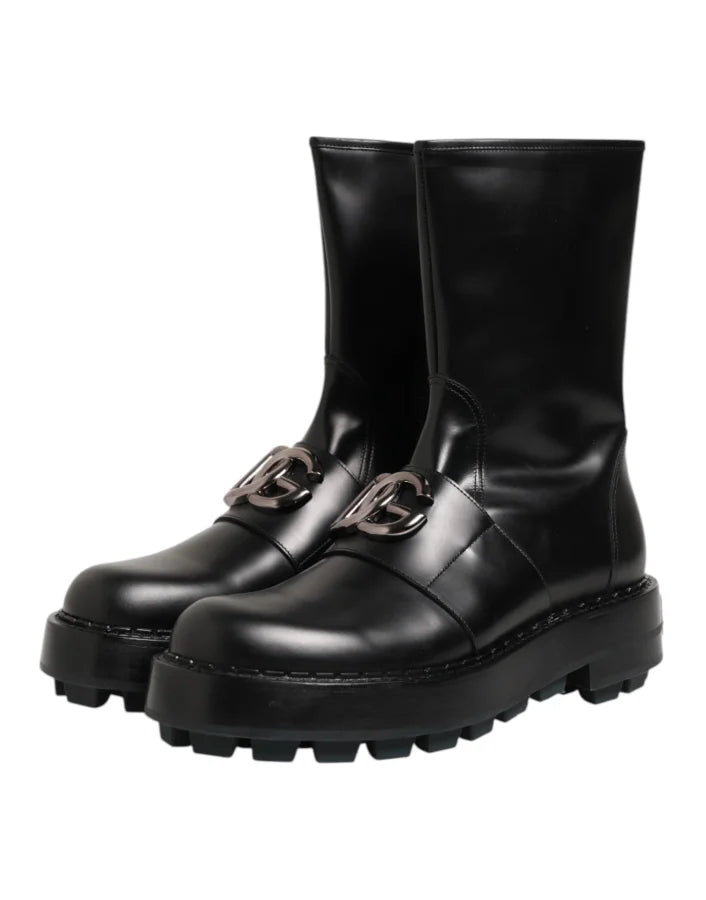 Dolce &amp; Gabbana Black Logo Plaque Mid Calf Biker Boots Shoes