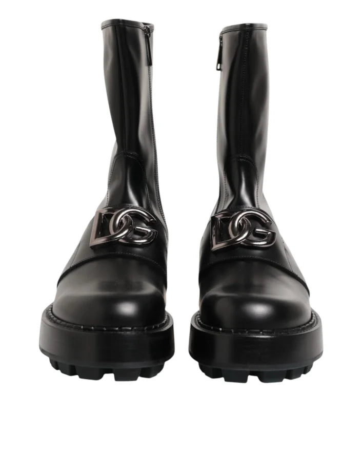 Dolce &amp; Gabbana Black Logo Plaque Mid Calf Biker Boots Shoes