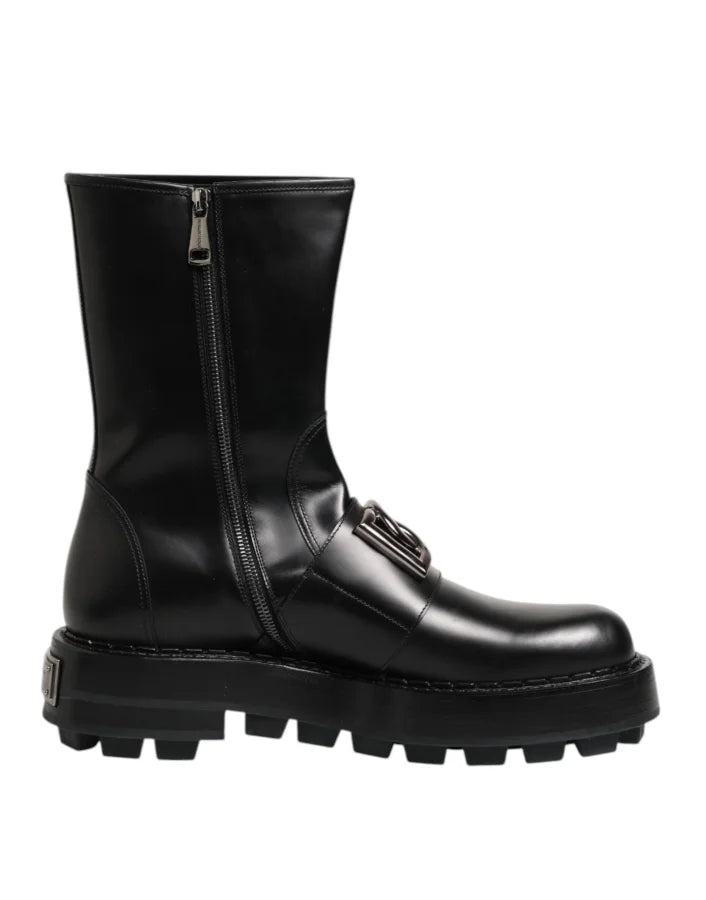 Dolce &amp; Gabbana Black Logo Plaque Mid Calf Biker Boots Shoes