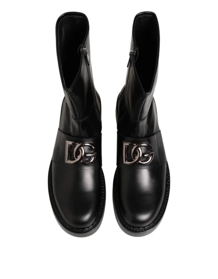 Dolce &amp; Gabbana Black Logo Plaque Mid Calf Biker Boots Shoes