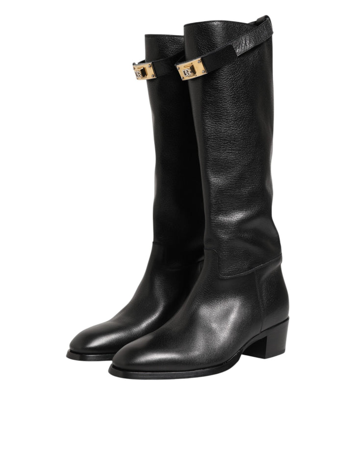 Dolce &amp; Gabbana Black Logo Plaque Over the Calf Boots Shoes