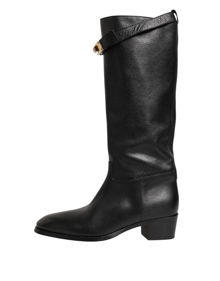 Dolce &amp; Gabbana Black Logo Plaque Over the Calf Boots Shoes