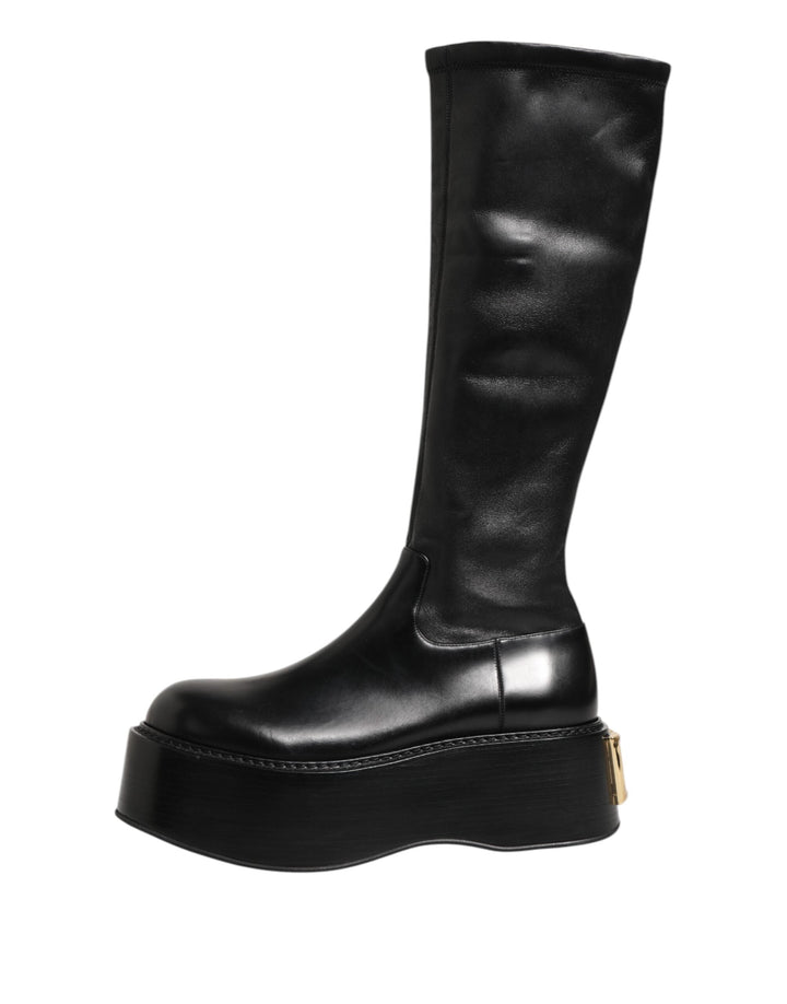 Dolce &amp; Gabbana Black Logo Plaque Over the Calf Boots Shoes